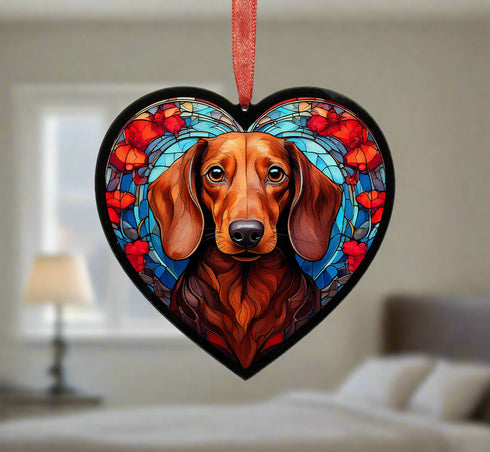 Dachshund Red Stained Glass Effect Heart Suncatcher